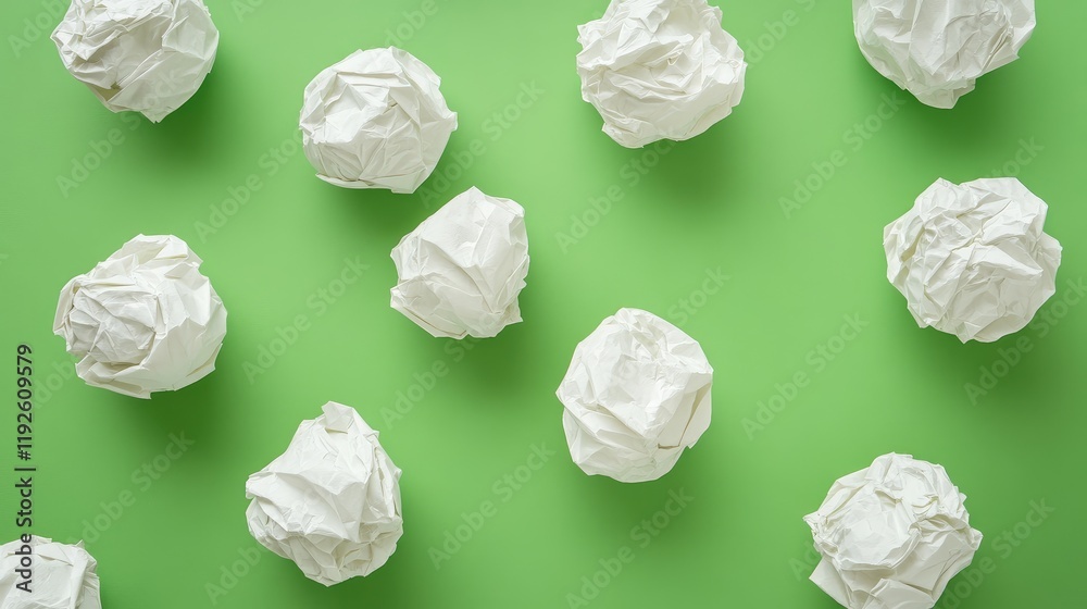 Naklejka premium Crumpled white paper balls scattered on vibrant green surface creating a striking contrast for creative background or texture design.