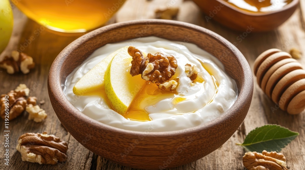 Bowl of yogurt topped with apple slices walnuts and honey on wooden table healthy breakfast concept Bowl of yogurt topped with apple slices walnuts and honey on wooden table healthy breakfast concept