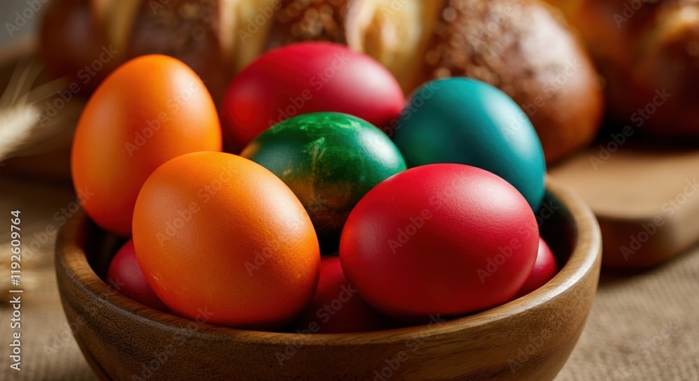 Colorful Easter eggs in a wooden bowl, celebrating spring traditions Colorful Easter eggs in a wooden bowl, celebrating spring traditions