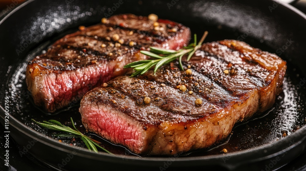 Sizzling medium rare Angus beef ribeye steak with rosemary herbs in a cast iron skillet showcasing juicy marbled fat for culinary excellence Sizzling medium rare Angus beef ribeye steak with rosemary herbs in a cast iron skillet showcasing juicy marbled fat for culinary excellence