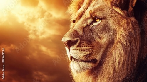 Majestic lion close-up portrait with intense expression against a dramatic sunset sky showcasing powerful wildlife beauty and emotion
