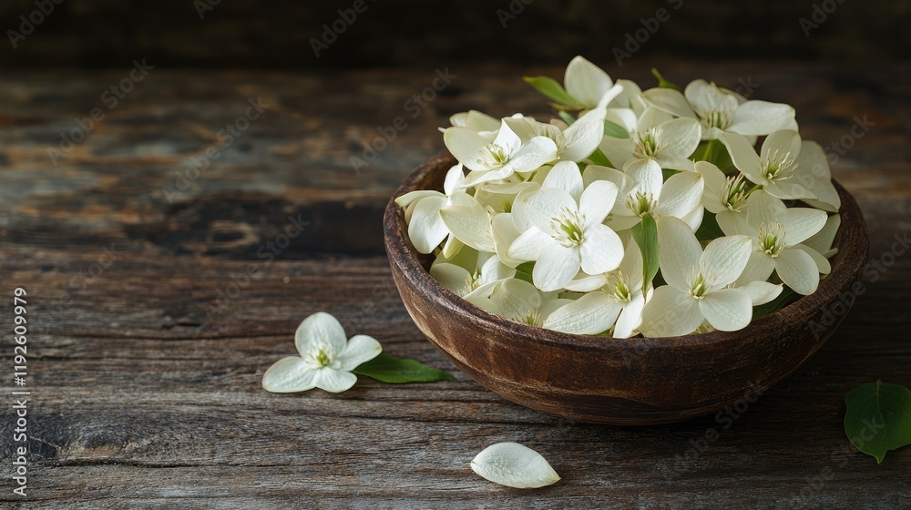 Dogwood flowers arranged in a wooden bowl on a rustic table with scattered petals and foliage for a natural spring ambiance Dogwood flowers arranged in a wooden bowl on a rustic table with scattered petals and foliage for a natural spring ambiance