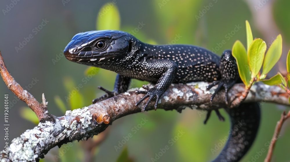 Close up of a black lizard perched on a tree branch showcasing its vibrant scales against a blurred natural background Close up of a black lizard perched on a tree branch showcasing its vibrant scales against a blurred natural background