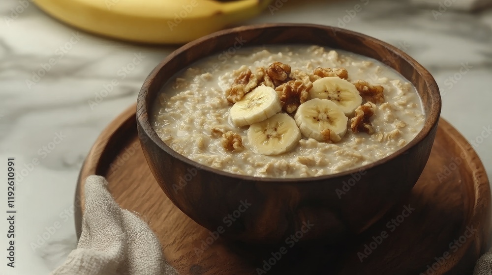 Bowl of oatmeal topped with banana slices and walnuts on a rustic wooden plate with a napkin and fresh bananas in the background Bowl of oatmeal topped with banana slices and walnuts on a rustic wooden plate with a napkin and fresh bananas in the background