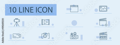 Video production set icon. Camera, tripod, clapperboard, film reel, video player, gallery, recording, movie tools, editing, multimedia