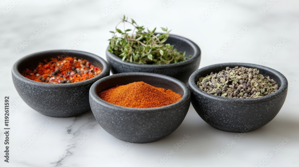 Bowls filled with colorful spices and herbs on a marble table with blank space for text showcasing health and culinary delights Bowls filled with colorful spices and herbs on a marble table with blank space for text showcasing health and culinary delights
