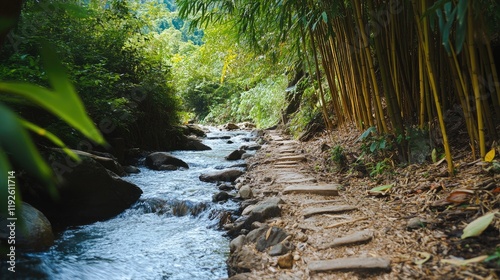 Bamboo roots stabilizing stream bank prevent landslides in lush green landscape with flowing water and thriving bamboo forest.