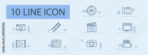 Photography and video set icon. Camera, film reel, clapperboard, video player, gallery, multimedia tools, image, recording device, photography equipment