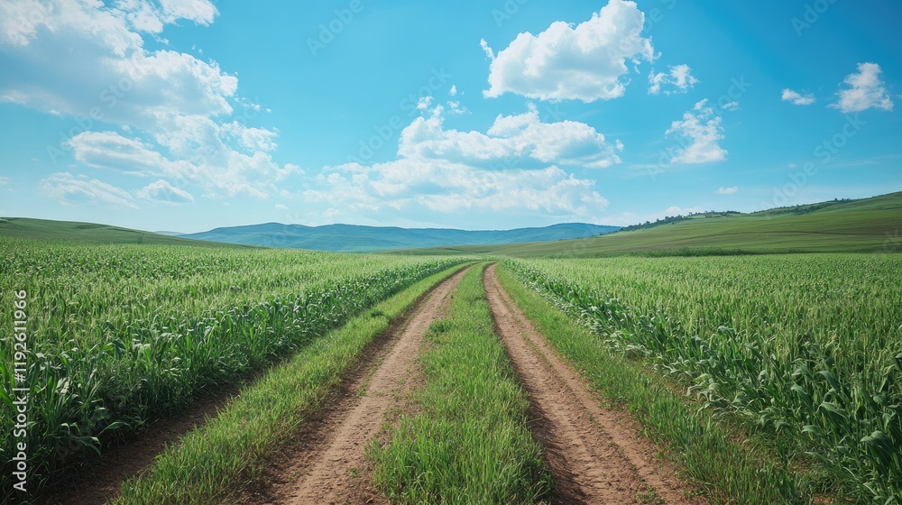 Agricultural Landscape with Dirt Road under a Blue Sky and Fluffy Clouds in a Scenic Farm Field Agricultural Landscape with Dirt Road under a Blue Sky and Fluffy Clouds in a Scenic Farm Field