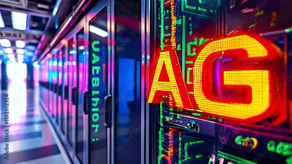 A vibrant data center showcasing advanced technology with illuminated AGI signage. A vibrant data center showcasing advanced technology with illuminated AGI signage.