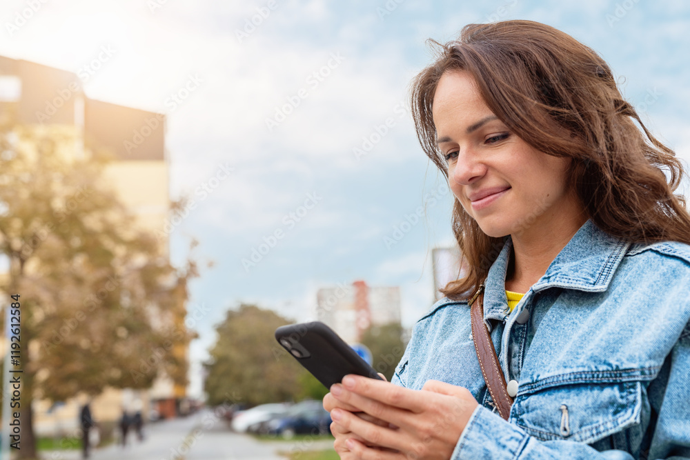 Young urban woman looking at her smartphone and smiling while standing outdoors on city street. Young urban woman looking at her smartphone and smiling while standing outdoors on city street.