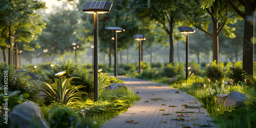 Solar-Powered Lamps Along a Scenic Park Path  Sustainable Urban Development and Eco-Friendly Lighting  
