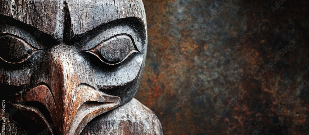 Thunderbird totem pole detail showcasing intricate carvings with textured background and blank space for creative text additions Thunderbird totem pole detail showcasing intricate carvings with textured background and blank space for creative text additions