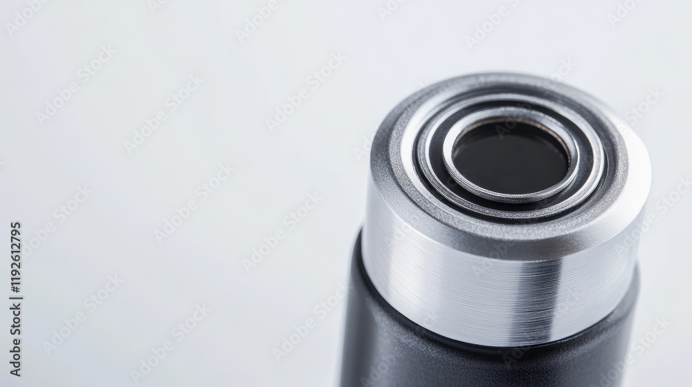 Close Up View of a Battery Top Details Isolated on a Light Background for Energy Technology and Power Supply Concepts Close Up View of a Battery Top Details Isolated on a Light Background for Energy Technology and Power Supply Concepts