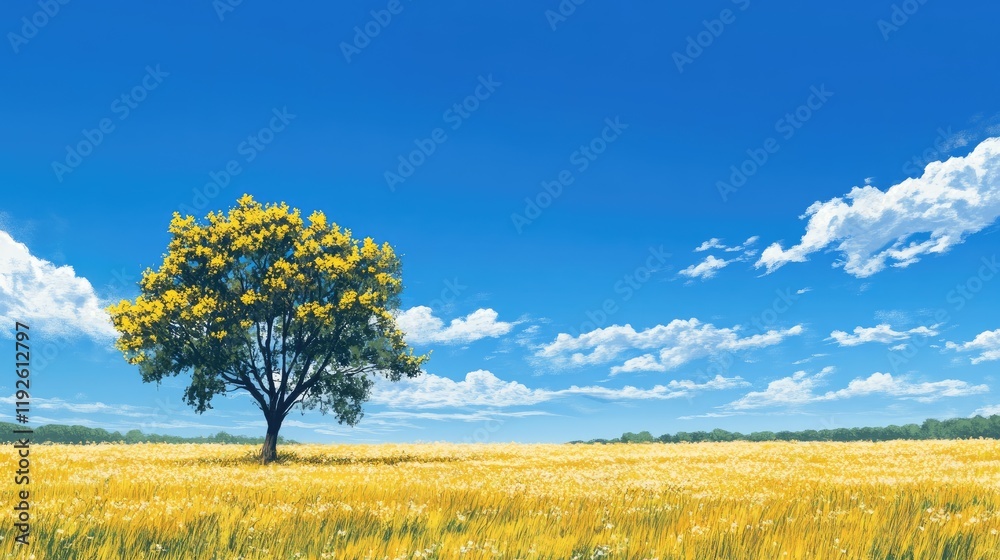 Fototapeta premium Vibrant yellow wattle tree under a clear blue sky with scattered clouds in a picturesque landscape setting