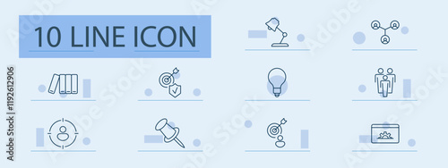 Education and goals set icon. Books, lamp, lightbulb, target, pin, connections, ideas, teaching, focus, community