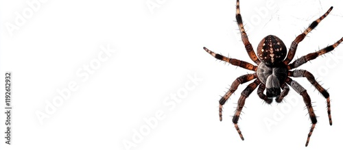 Detailed close-up of a spider in its intricate web showcasing texture and structure with ample negative space for text or graphics photo