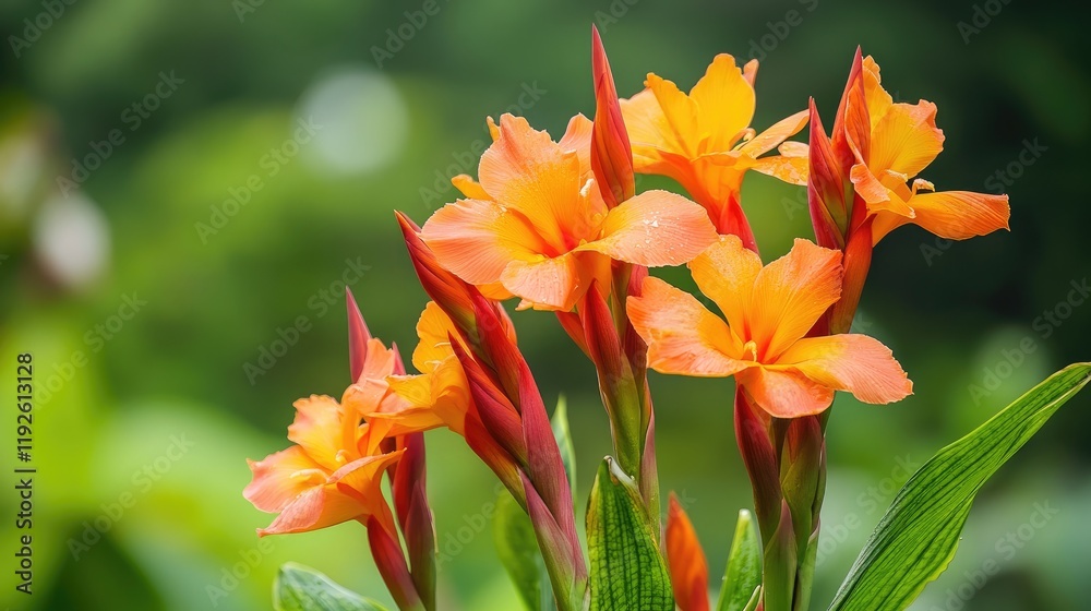 Vibrant orange flowers of Canna indica plant showcasing beauty in nature and its edible qualities in a lush green background. Vibrant orange flowers of Canna indica plant showcasing beauty in nature and its edible qualities in a lush green background.