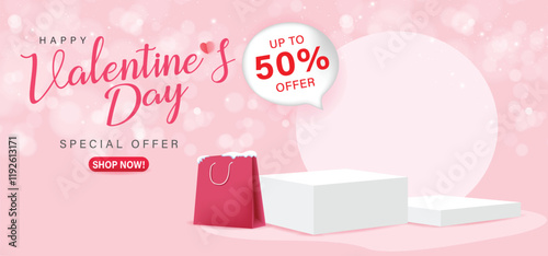 3D valentine's day sale 50% offer advertisement banner. pink shopping bag with white empty podium and shop now bottom.
