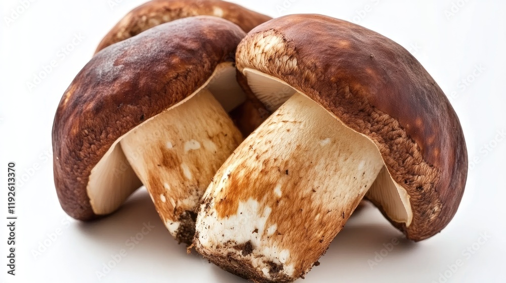 Fresh boletus edulis mushrooms displayed on a clean white background showcasing their natural beauty and rich earthy colors. Fresh boletus edulis mushrooms displayed on a clean white background showcasing their natural beauty and rich earthy colors.