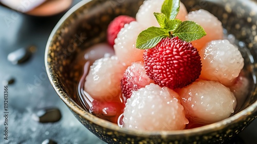 A bowl of lychees with candyflavored syrup drizzled on top photo