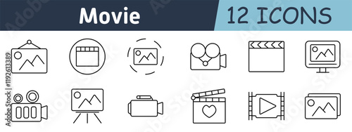 Movie production set icon. Video editing, camera, film roll, stage, clapperboard, gallery, monitor, media tools, recording, visuals
