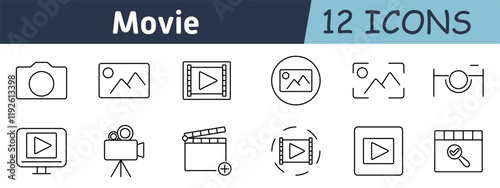 Movie production set icon. Camera, image gallery, video frame, clapperboard, projector, video playback, tripod, recording tools, editing interface, media player