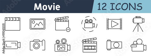 Cinema equipment set icon. Clapperboard, media gallery, video camera, film reel, video editing, recording devices, tripod, movie interface, media screen