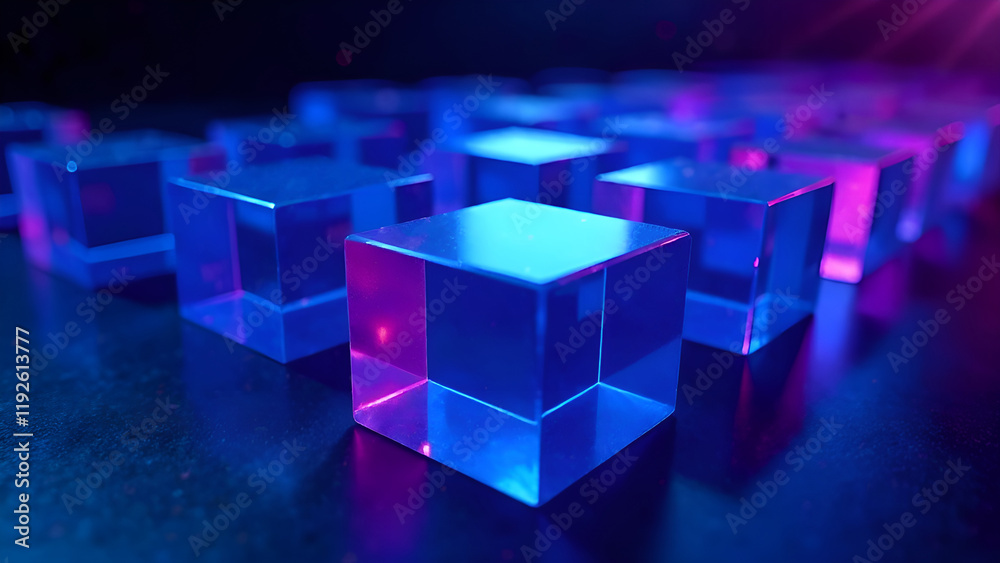 Abstract Background. A collection of blue and purple cubes is currently sitting on a table, creating an interesting arrangement of colors and forms