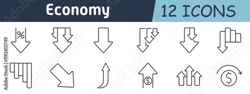 Economy set icon. Downward arrows, bar charts, percentage decrease, financial loss, market decline, currency symbols, changes in profit, economic downturn, savings, statistics, recovery trends