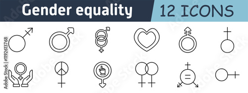 Gender equality set icon. Male and female symbols, inclusivity, love, empowerment, diversity, feminism, peace, rights, social justice, fairness, representation, equality sign, unity, awareness