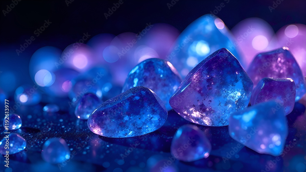 Abstract Background. A beautifully arranged row of stunning blue and purple crystals resting gracefully on a striking black surface, creating a captivating visual appeal