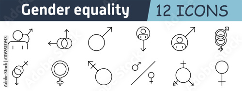 Gender equality set icon. Male and female symbols, overlapping circles, direction arrows, equality signs, gender inclusivity, balance, diversity, empowerment, fairness, social justice
