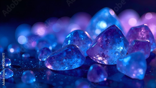 Obraz na płótnie Abstract Background. A beautifully arranged row of stunning blue and purple crystals resting gracefully on a striking black surface, creating a captivating visual appeal w salonie