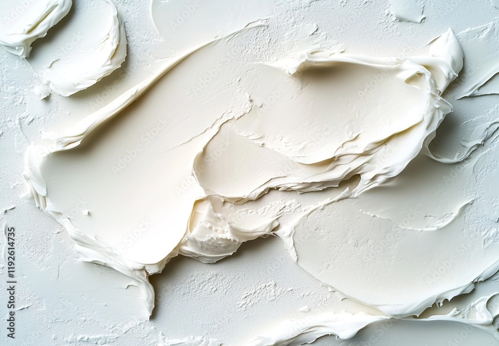 A close-up of white cream on the surface, with some areas melted and spread out. The background is a light gray color. A close-up of white cream on the surface, with some areas melted and spread out. The background is a light gray color.
