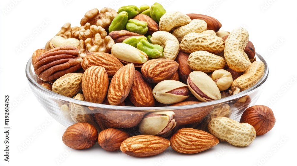Assorted Roasted Nuts Including Almonds Cashews Walnuts Peanuts Pistachios and Brazil Nuts in Glass Bowl on White Background Assorted Roasted Nuts Including Almonds Cashews Walnuts Peanuts Pistachios and Brazil Nuts in Glass Bowl on White Background