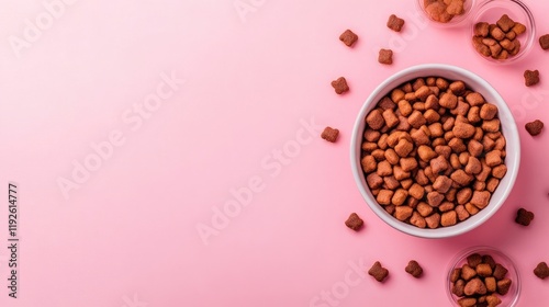 Bowl of pet food with scattered kibble on pastel pink background ideal for pet care and nutrition themes photo