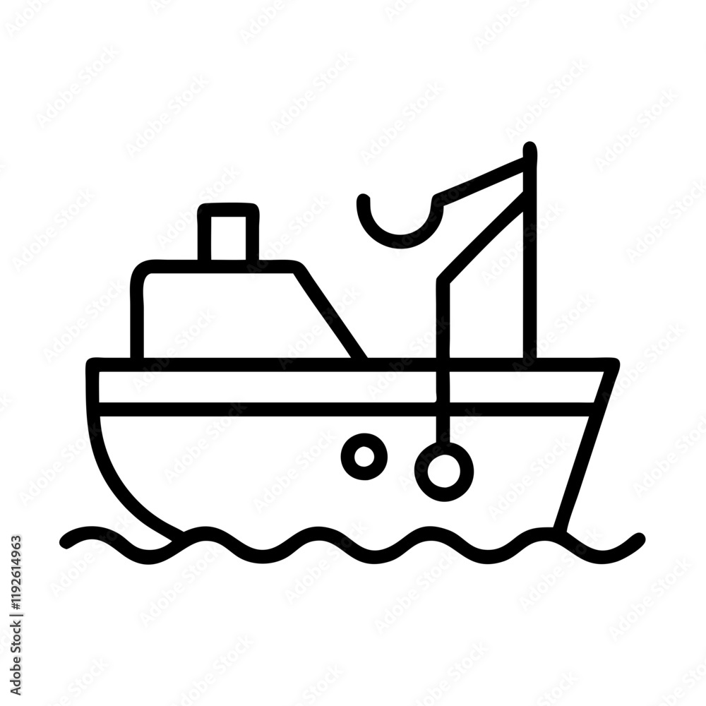 fishing boat icon, fishing boat line art - simple line art of fishing boat, perfect for fishing boat logos and icons and themed design fishing boat icon, fishing boat line art - simple line art of fishing boat, perfect for fishing boat logos and icons and themed design