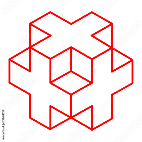 A red geometric design featuring interconnected cubes in an abstract, 3D wireframe style, creating an optical illusion with symmetry and depth.