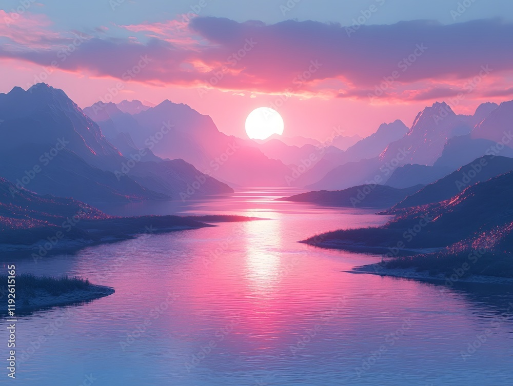 Serene River Flowing Through a Picturesque Valley at Sunrise with Soft Hues Serene River Flowing Through a Picturesque Valley at Sunrise with Soft Hues