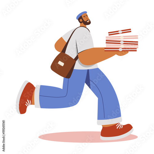 A flat illustration of a running delivery boy 
