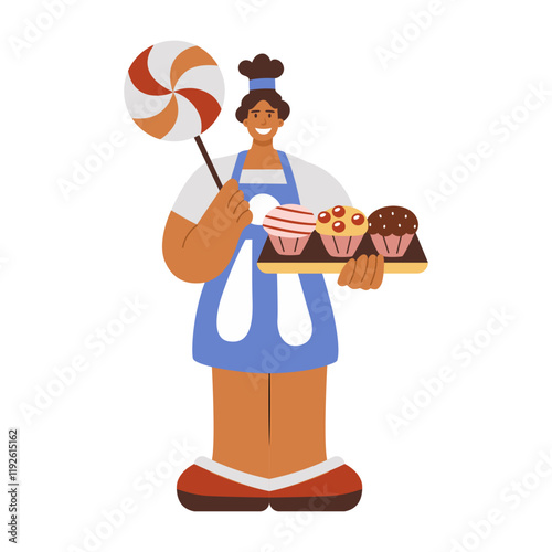 Confectioner holding cupcake tray and big lollipop, illustration in flat style 
