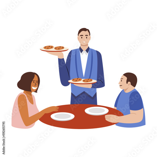 A flat illustration of a waiter serving food to customers

