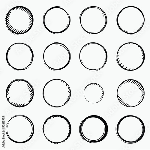 collection of diverse hand-drawn circles. Created with simple black lines on a clean background, the circles have a distinct hand-drawn, imperfect aesthetic. They vary slightly in line weight