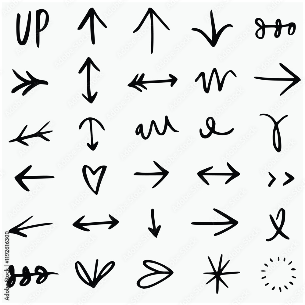 collection of hand-drawn arrow symbols and related doodles. Created with simple black lines on a clean background, the arrows display a variety of styles, from standard straight arrows pointing in var collection of hand-drawn arrow symbols and related doodles. Created with simple black lines on a clean background, the arrows display a variety of styles, from standard straight arrows pointing in var