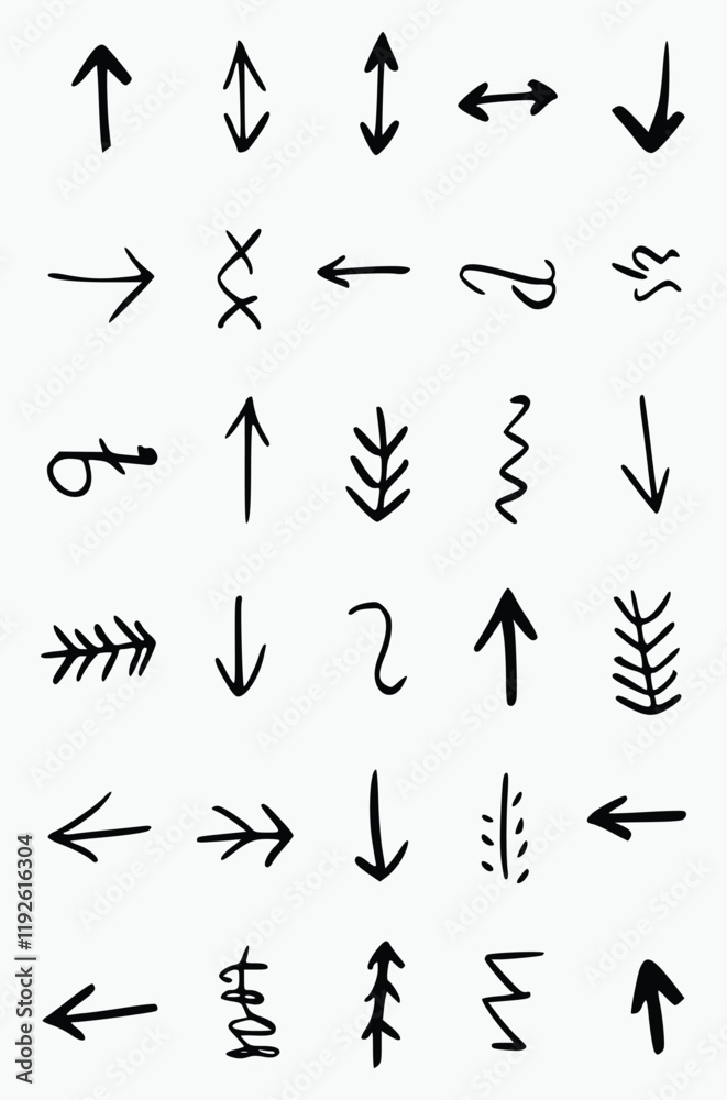 collection of diverse, hand-drawn arrow symbols in vector format. Created with simple black lines, the arrows vary in style, from standard straight arrows pointing in different directions collection of diverse, hand-drawn arrow symbols in vector format. Created with simple black lines, the arrows vary in style, from standard straight arrows pointing in different directions