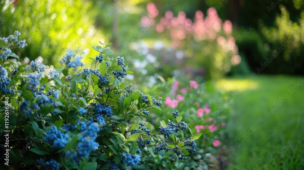 Obraz premium Close-up of Vibrant Blueberry Bushes with Lush Greenery in a Serene Garden Setting