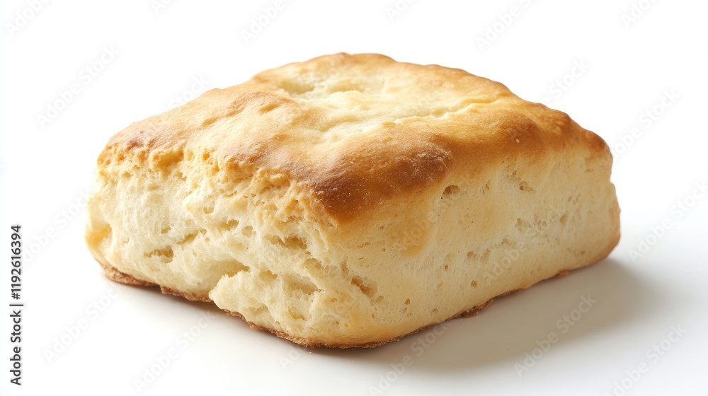 Close up of a freshly baked biscuit on a clean white background highlighting its golden crust and soft interior texture Close up of a freshly baked biscuit on a clean white background highlighting its golden crust and soft interior texture