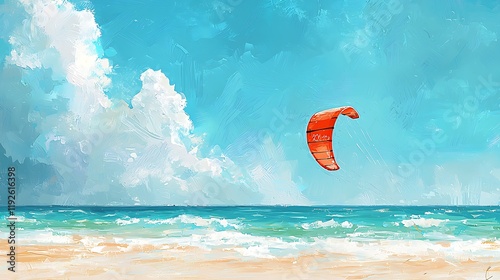 A Vibrant Painting of a Kite Soaring Above a Tranquil Beach Scene.