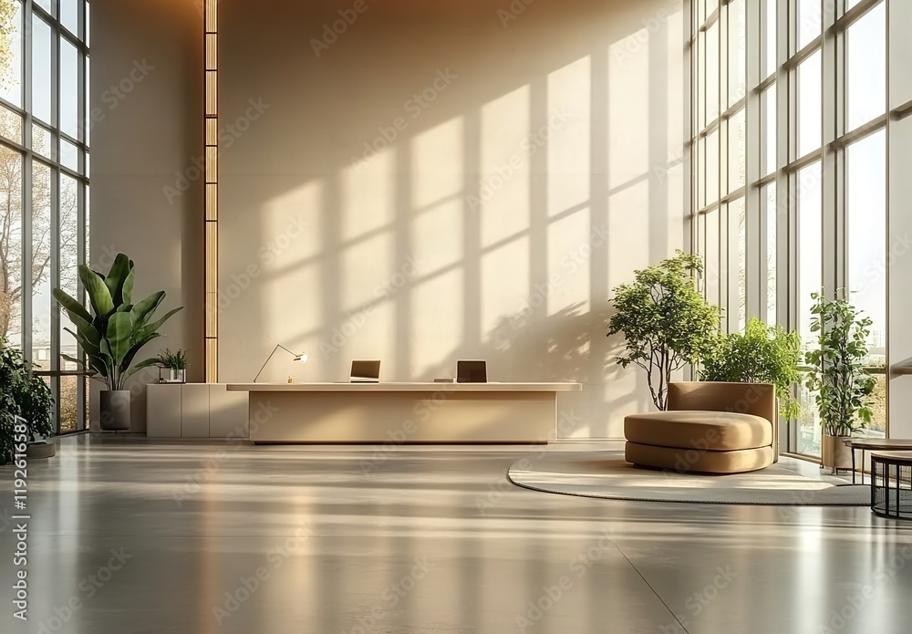 Fototapeta premium A spacious and modern office space with large windows, bathed in warm sunlight that highlights the sleek furniture and minimalist decor. 